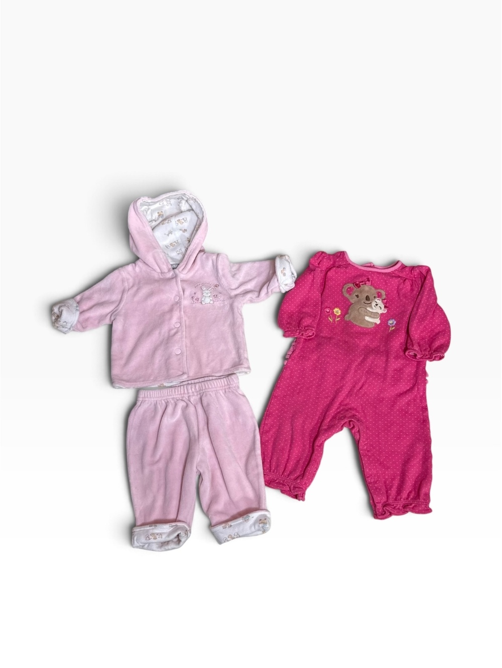 Baby girl outfit lot pink velour set and bear romper